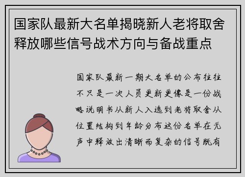 国家队最新大名单揭晓新人老将取舍释放哪些信号战术方向与备战重点